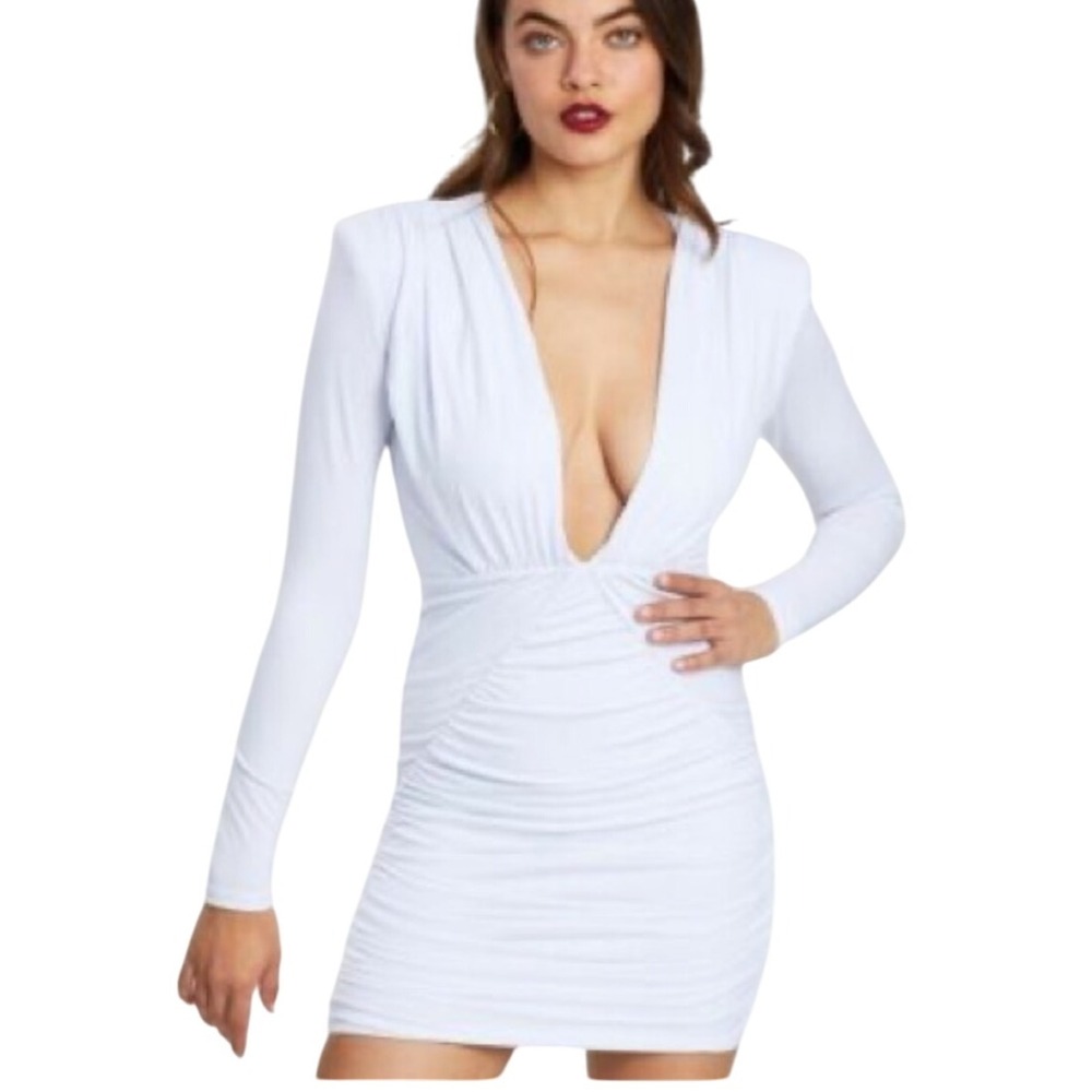 Nookie NWT Temptation Long Sleeve Mini Dress White Ruched Plunge V Neck Size S